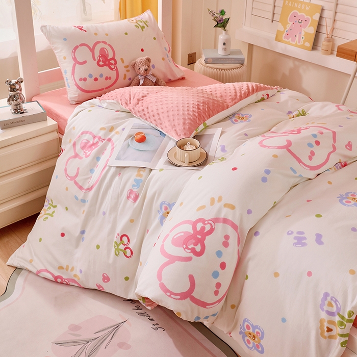 91家纺网 家纺一手货源 找家纺 金鑫汇2025新款学生上下铺棉加豆豆绒三件套 奇趣小兔