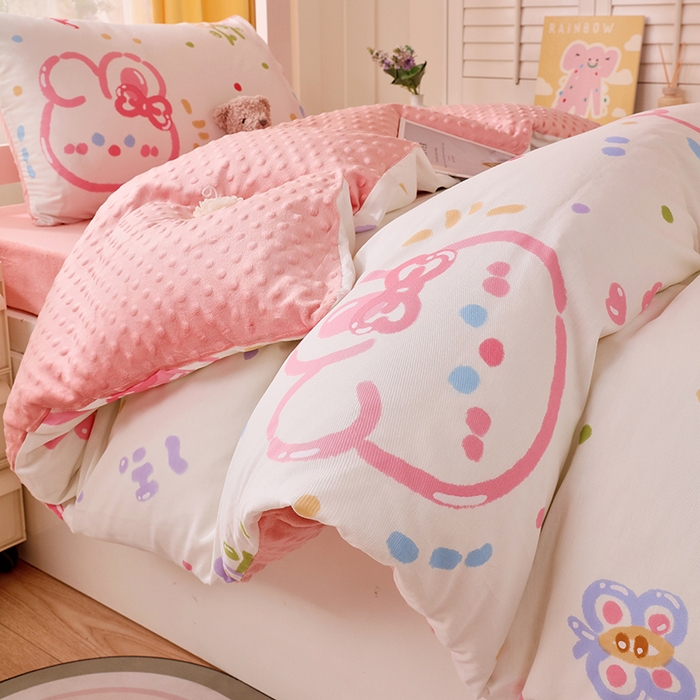 91家纺网 家纺一手货源 找家纺 金鑫汇2025新款学生上下铺棉加豆豆绒三件套 奇趣小兔