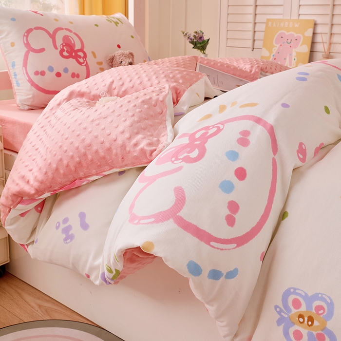 91家纺网 家纺一手货源 找家纺 金鑫汇2025新款学生上下铺棉加豆豆绒三件套 奇趣小兔