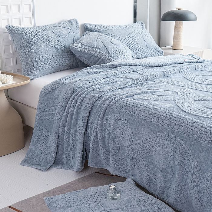 91家纺网 家纺一手货源 找家纺 楼兰公主 2025春夏新款塔芙绒毛毯毯子多功能盖毯 塔芙绒蝴蝶结-蓝灰