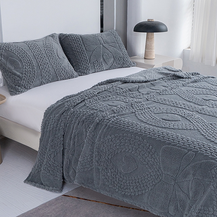 91家纺网 家纺一手货源 找家纺 楼兰公主 2025春夏新款塔芙绒毛毯毯子多功能盖毯 塔芙绒蝴蝶结-深灰