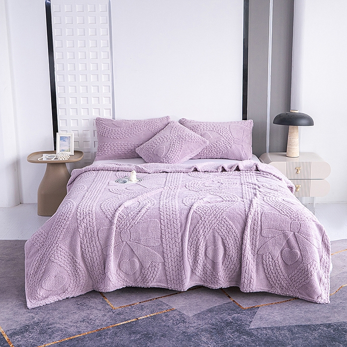 91家纺网 家纺一手货源 找家纺 楼兰公主 2025春夏新款塔芙绒毛毯毯子多功能盖毯 塔芙绒蝴蝶结-紫色