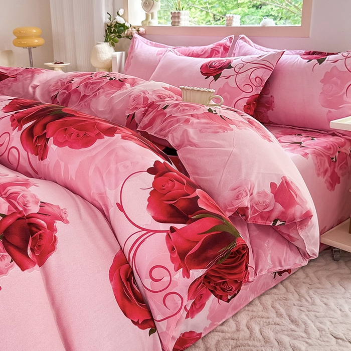 91家纺网 家纺一手货源 找家纺 梵巢家纺 芦荟棉三四件套，床单，被套，枕套化纤四件套 玫瑰之约 