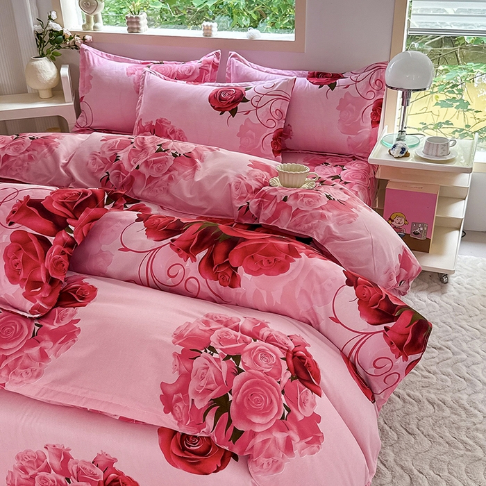 91家纺网 家纺一手货源 找家纺 梵巢家纺 芦荟棉三四件套，床单，被套，枕套化纤四件套 玫瑰之约 