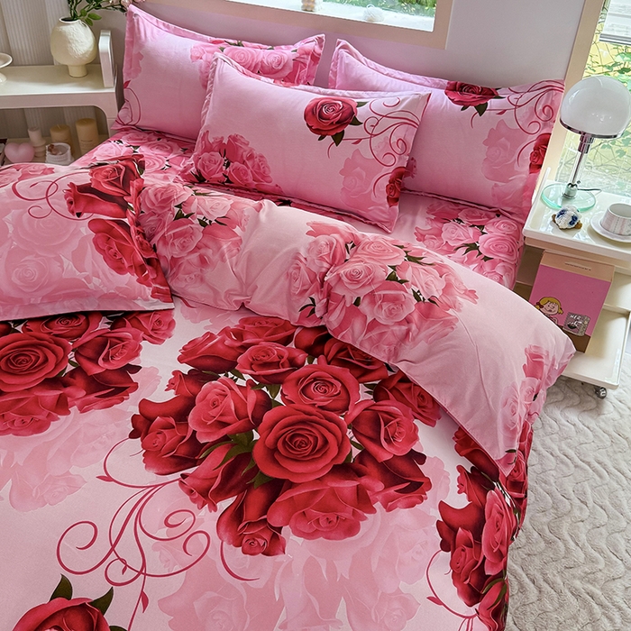 梵巢家纺 芦荟棉三四件套，床单，被套，枕套化纤四件套 玫瑰之约 