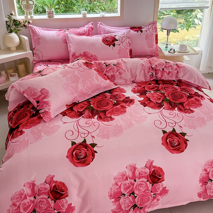 91家纺网 家纺一手货源 找家纺 梵巢家纺 芦荟棉三四件套，床单，被套，枕套化纤四件套 玫瑰之约 