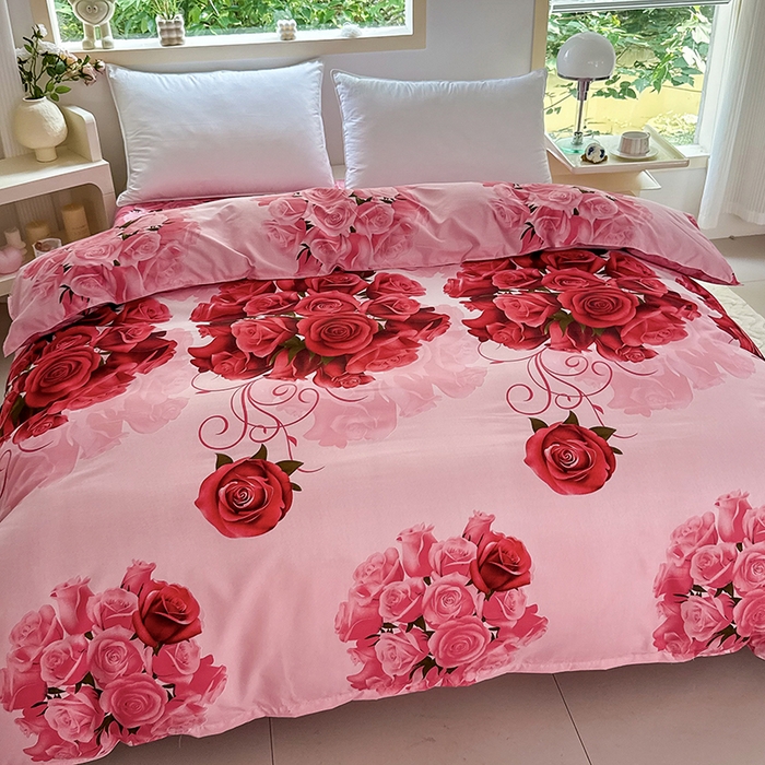 91家纺网 家纺一手货源 找家纺 梵巢家纺 芦荟棉三四件套，床单，被套，枕套化纤四件套 玫瑰之约 