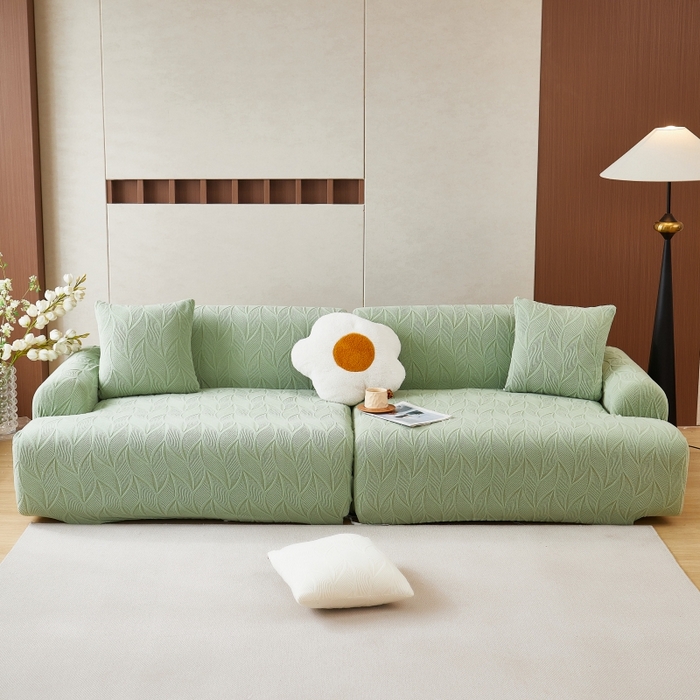 91家纺网 家纺一手货源 找家纺 丝绮鹿 2025新款雕花绒玉叶沙发套直排松紧款 玉叶-草绿