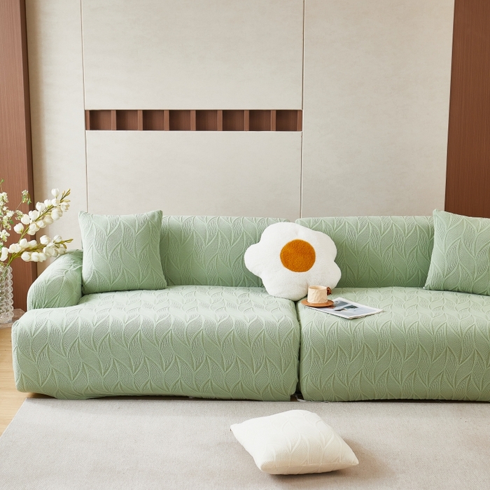 91家纺网 家纺一手货源 找家纺 丝绮鹿 2025新款雕花绒玉叶沙发套直排松紧款 玉叶-草绿