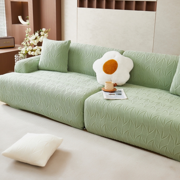 91家纺网 家纺一手货源 找家纺 丝绮鹿 2025新款雕花绒玉叶沙发套直排松紧款 玉叶-草绿