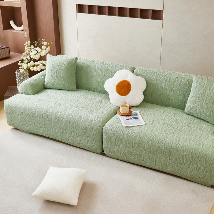 91家纺网 家纺一手货源 找家纺 丝绮鹿 2025新款雕花绒玉叶沙发套直排松紧款 玉叶-草绿
