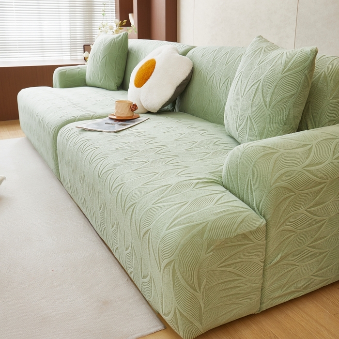 91家纺网 家纺一手货源 找家纺 丝绮鹿 2025新款雕花绒玉叶沙发套直排松紧款 玉叶-草绿