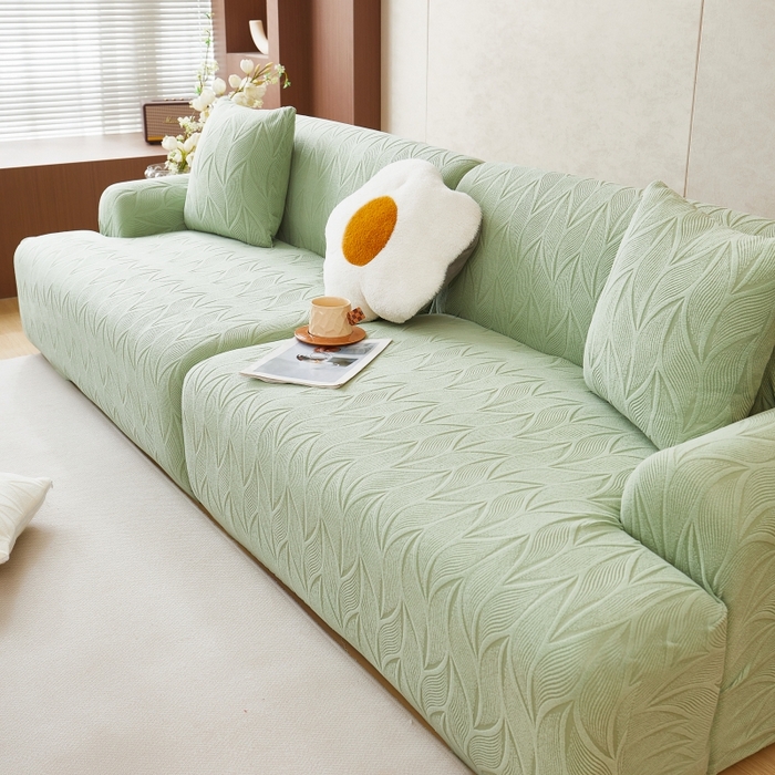 91家纺网 家纺一手货源 找家纺 丝绮鹿 2025新款雕花绒玉叶沙发套直排松紧款 玉叶-草绿