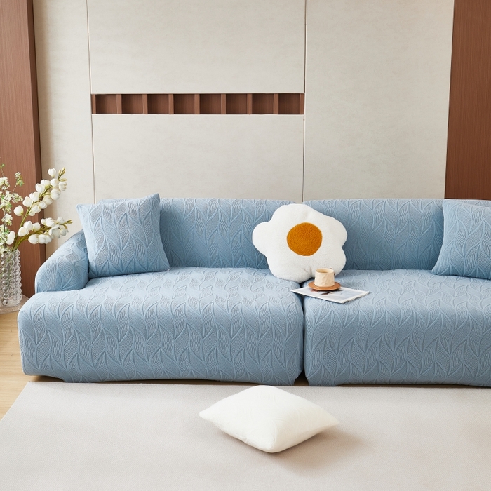 91家纺网 家纺一手货源 找家纺 丝绮鹿 2025新款雕花绒玉叶沙发套直排松紧款 玉叶-淡蓝