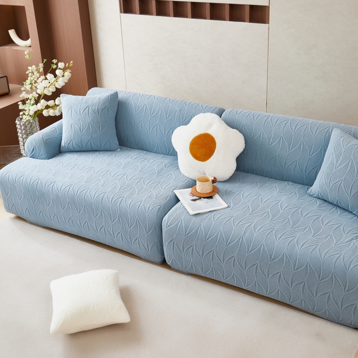 91家纺网 家纺一手货源 找家纺 丝绮鹿 2025新款雕花绒玉叶沙发套直排松紧款 玉叶-淡蓝
