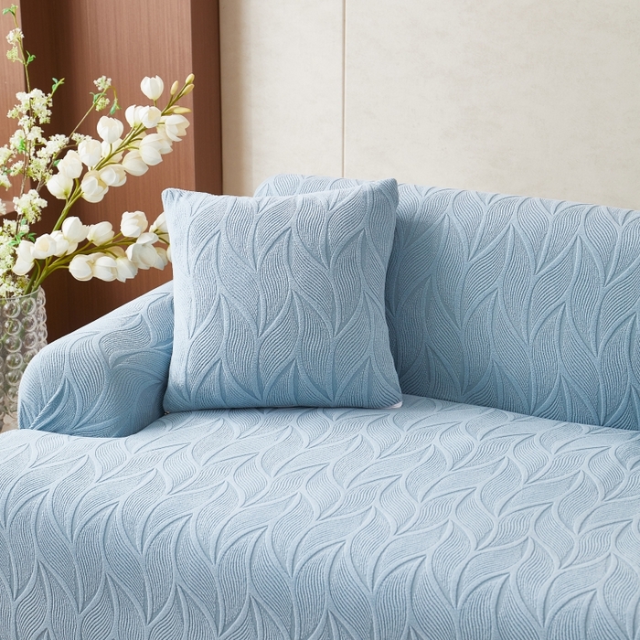 91家纺网 家纺一手货源 找家纺 丝绮鹿 2025新款雕花绒玉叶沙发套直排松紧款 玉叶-淡蓝