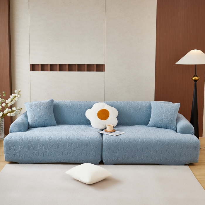 91家纺网 家纺一手货源 找家纺 丝绮鹿 2025新款雕花绒玉叶沙发套直排松紧款 玉叶-淡蓝