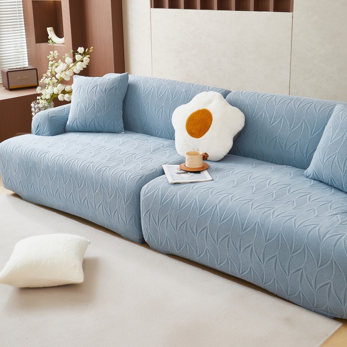 91家纺网 家纺一手货源 找家纺 丝绮鹿 2025新款雕花绒玉叶沙发套直排松紧款 玉叶-淡蓝