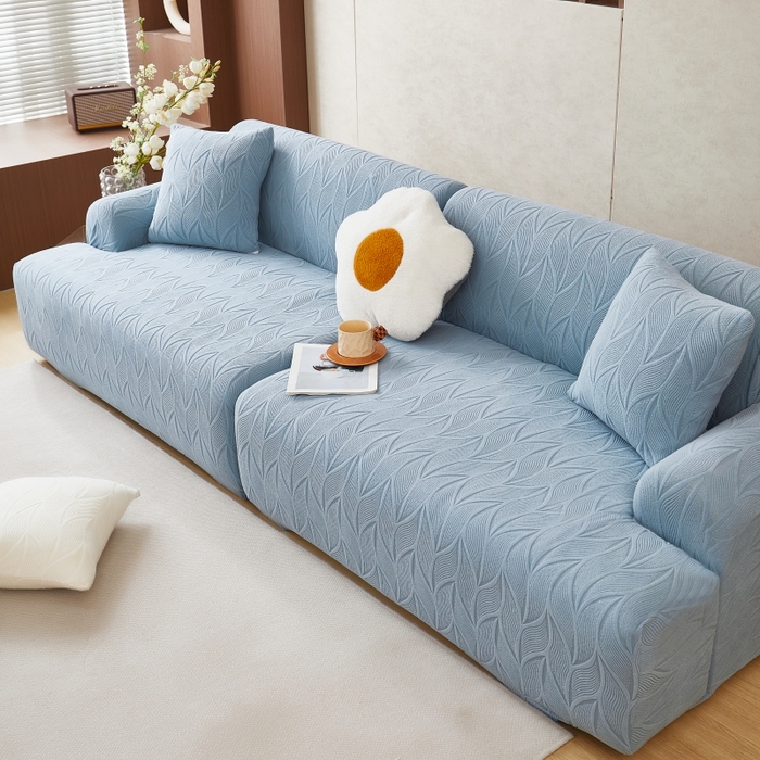 91家纺网 家纺一手货源 找家纺 丝绮鹿 2025新款雕花绒玉叶沙发套直排松紧款 玉叶-淡蓝