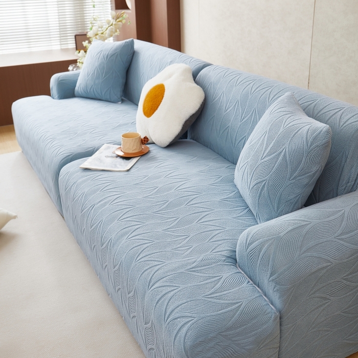 91家纺网 家纺一手货源 找家纺 丝绮鹿 2025新款雕花绒玉叶沙发套直排松紧款 玉叶-淡蓝