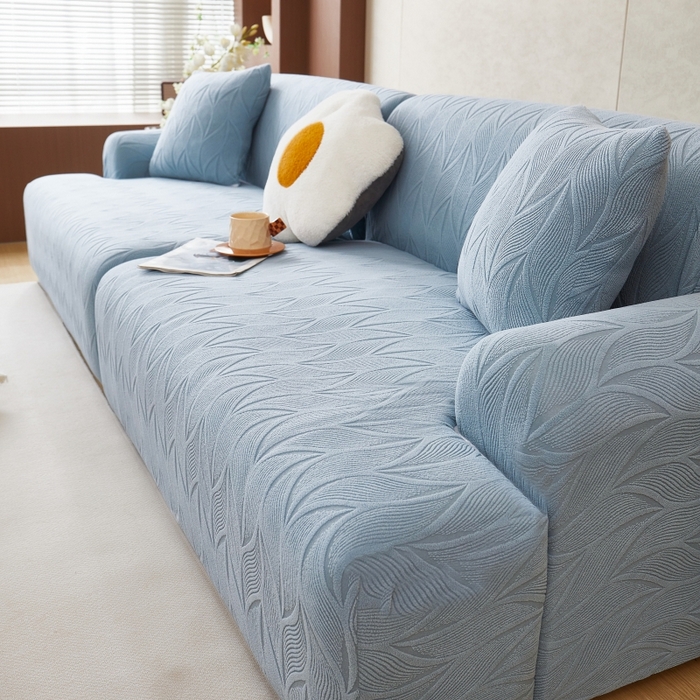 91家纺网 家纺一手货源 找家纺 丝绮鹿 2025新款雕花绒玉叶沙发套直排松紧款 玉叶-淡蓝