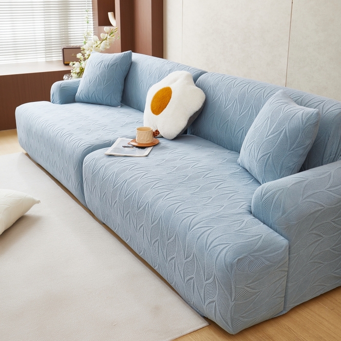 91家纺网 家纺一手货源 找家纺 丝绮鹿 2025新款雕花绒玉叶沙发套直排松紧款 玉叶-淡蓝