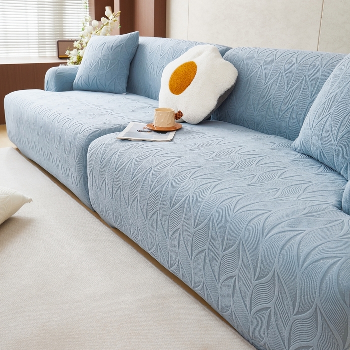 91家纺网 家纺一手货源 找家纺 丝绮鹿 2025新款雕花绒玉叶沙发套直排松紧款 玉叶-淡蓝