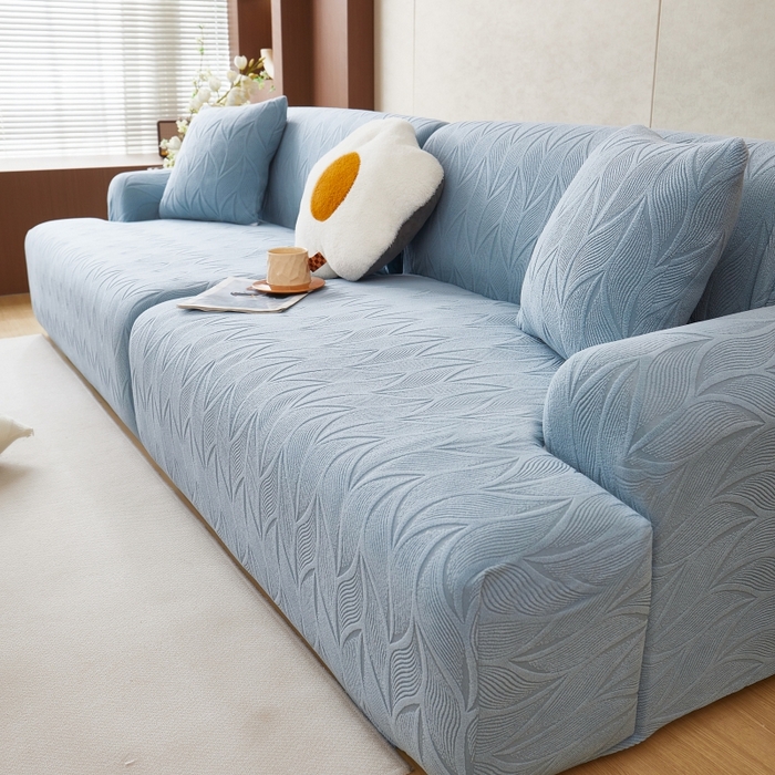 91家纺网 家纺一手货源 找家纺 丝绮鹿 2025新款雕花绒玉叶沙发套直排松紧款 玉叶-淡蓝