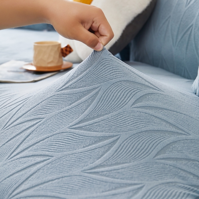 91家纺网 家纺一手货源 找家纺 丝绮鹿 2025新款雕花绒玉叶沙发套直排松紧款 玉叶-淡蓝