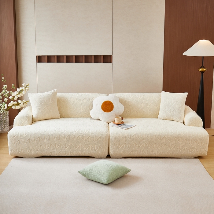 91家纺网 家纺一手货源 找家纺 丝绮鹿 2025新款雕花绒玉叶沙发套直排松紧款 玉叶-米白