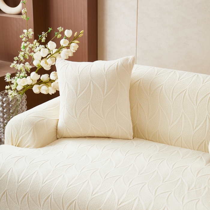 91家纺网 家纺一手货源 找家纺 丝绮鹿 2025新款雕花绒玉叶沙发套直排松紧款 玉叶-米白