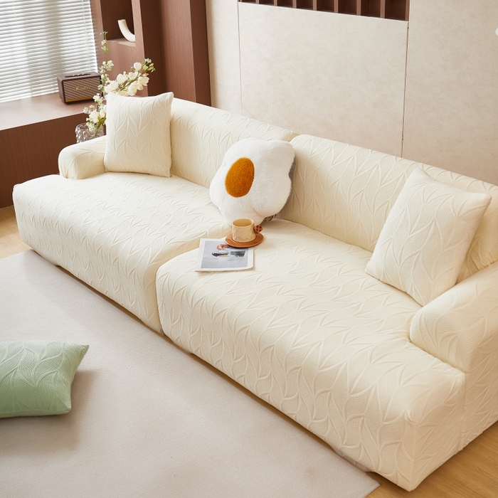 91家纺网 家纺一手货源 找家纺 丝绮鹿 2025新款雕花绒玉叶沙发套直排松紧款 玉叶-米白