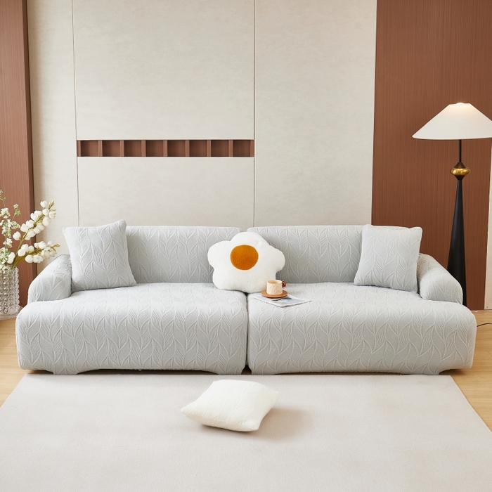 91家纺网 家纺一手货源 找家纺 丝绮鹿 2025新款雕花绒玉叶沙发套直排松紧款 玉叶-浅灰