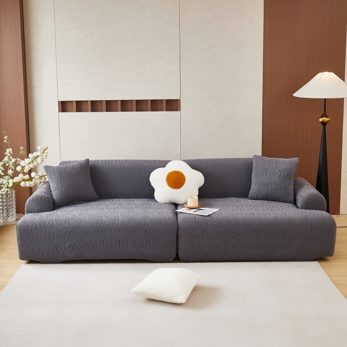 91家纺网 家纺一手货源 找家纺 丝绮鹿 2025新款雕花绒玉叶沙发套直排松紧款 玉叶-深灰