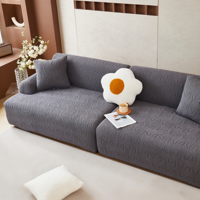 91家纺网 家纺一手货源 找家纺 丝绮鹿 2025新款雕花绒玉叶沙发套直排松紧款 玉叶-深灰