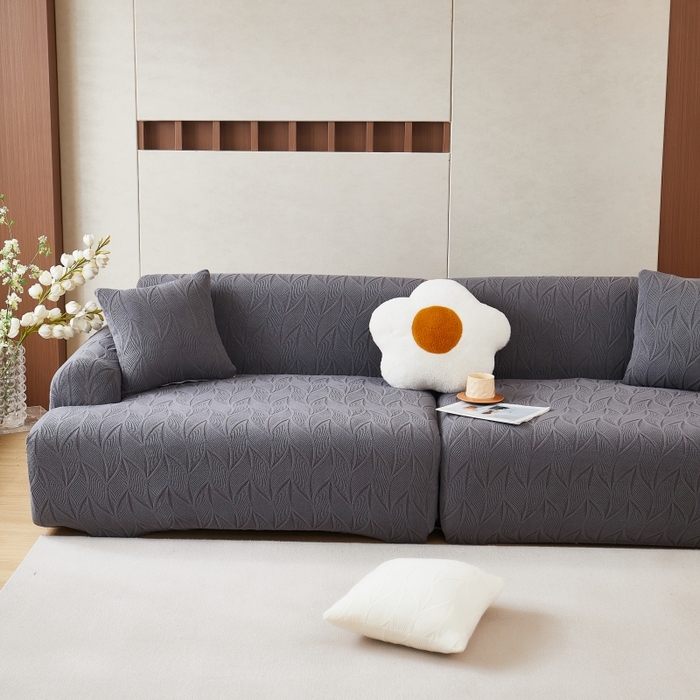 91家纺网 家纺一手货源 找家纺 丝绮鹿 2025新款雕花绒玉叶沙发套直排松紧款 玉叶-深灰