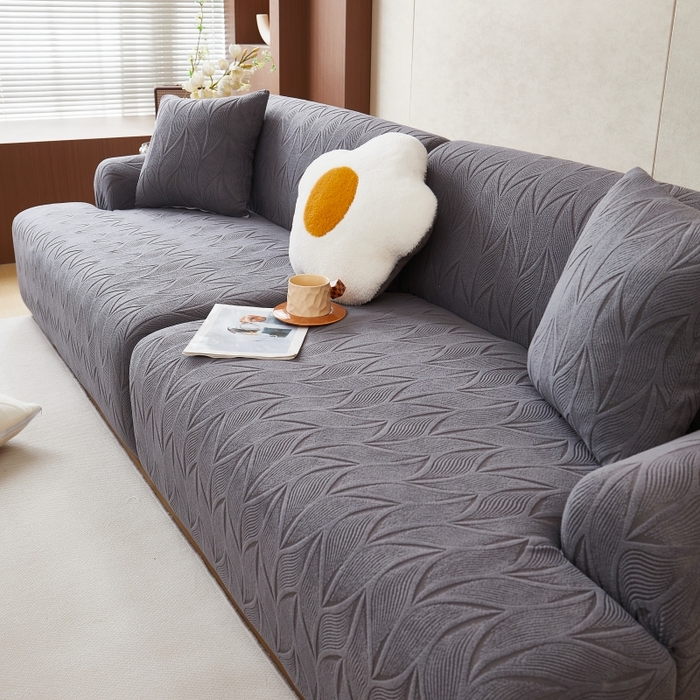 91家纺网 家纺一手货源 找家纺 丝绮鹿 2025新款雕花绒玉叶沙发套直排松紧款 玉叶-深灰