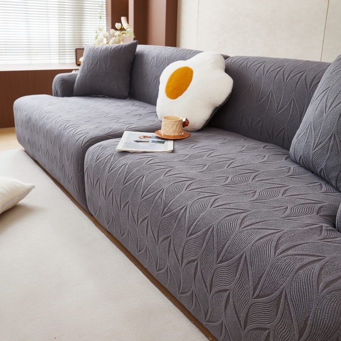 91家纺网 家纺一手货源 找家纺 丝绮鹿 2025新款雕花绒玉叶沙发套直排松紧款 玉叶-深灰