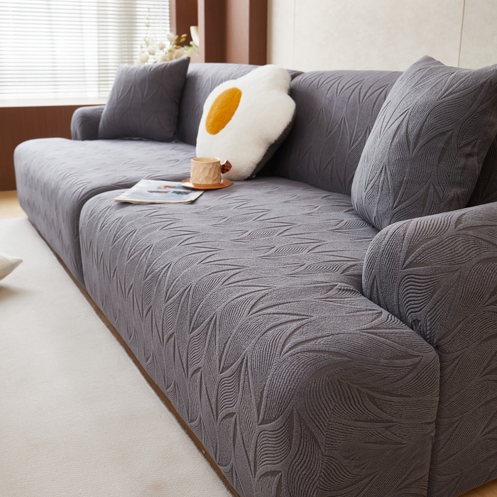91家纺网 家纺一手货源 找家纺 丝绮鹿 2025新款雕花绒玉叶沙发套直排松紧款 玉叶-深灰