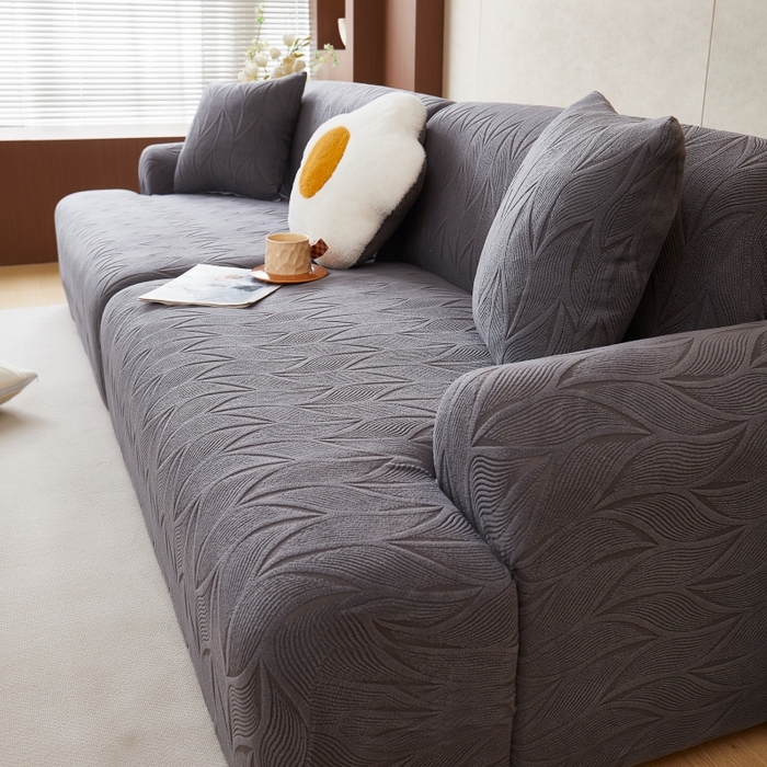 91家纺网 家纺一手货源 找家纺 丝绮鹿 2025新款雕花绒玉叶沙发套直排松紧款 玉叶-深灰