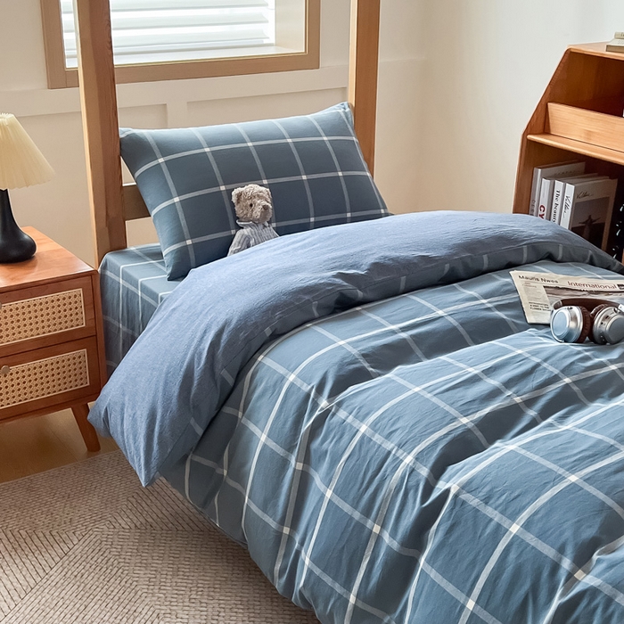 91家纺网 家纺一手货源 找家纺 鸣升家纺 2025新款全棉纯棉色织水洗棉学生三件套 柏拉图兰