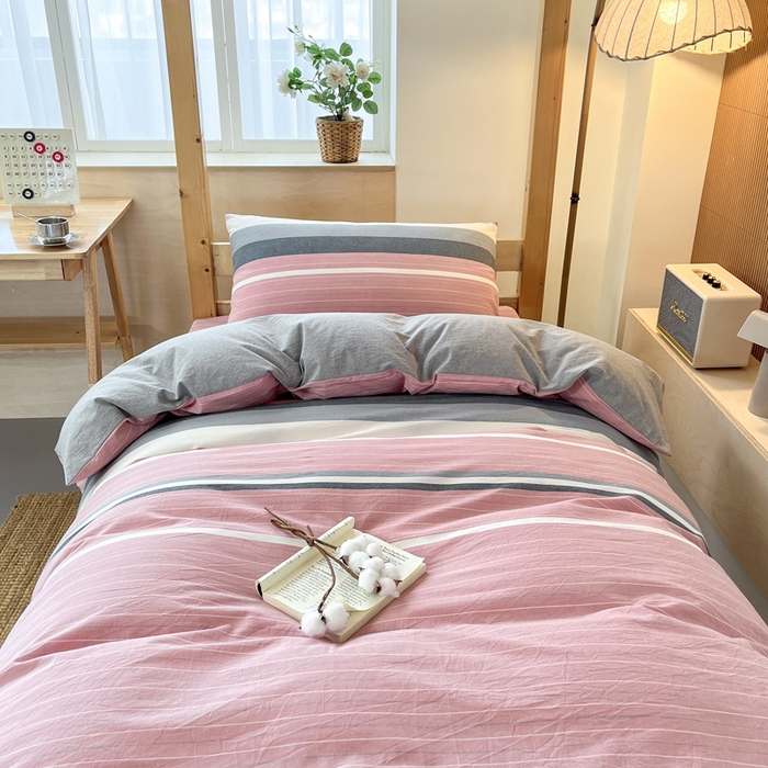 91家纺网 家纺一手货源 找家纺 鸣升家纺 2025新款全棉纯棉色织水洗棉学生三件套 格林粉