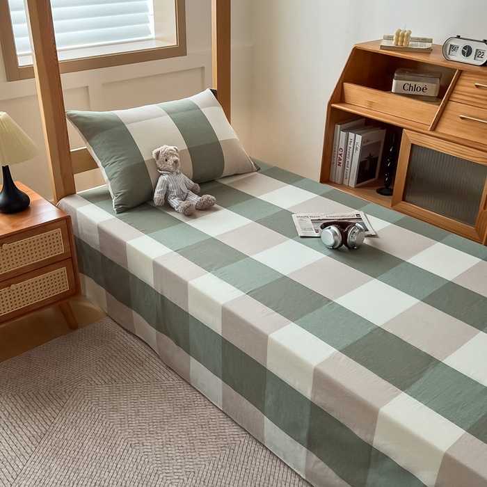 91家纺网 家纺一手货源 找家纺 鸣升家纺 2025新款全棉纯棉色织水洗棉学生三件套 绿大格