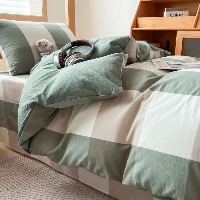 91家纺网 家纺一手货源 找家纺 鸣升家纺 2025新款全棉纯棉色织水洗棉学生三件套 绿大格