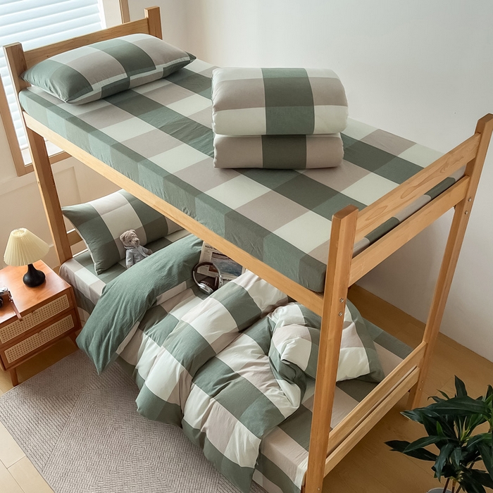 91家纺网 家纺一手货源 找家纺 鸣升家纺 2025新款全棉纯棉色织水洗棉学生三件套 绿大格