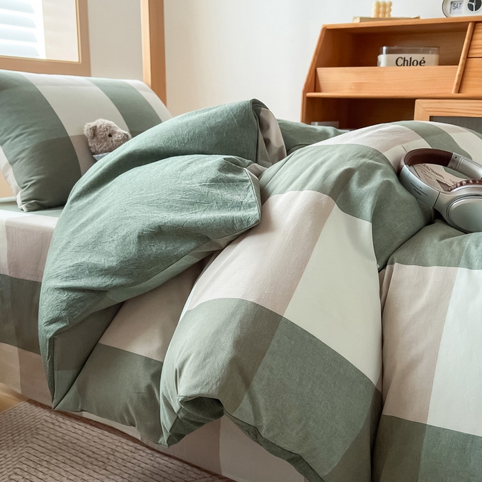 91家纺网 家纺一手货源 找家纺 鸣升家纺 2025新款全棉纯棉色织水洗棉学生三件套 绿大格