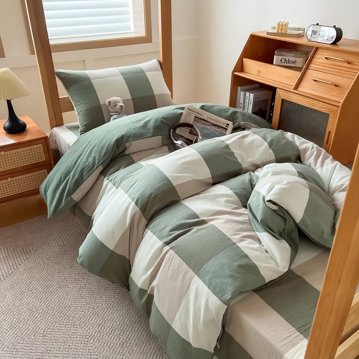 91家纺网 家纺一手货源 找家纺 鸣升家纺 2025新款全棉纯棉色织水洗棉学生三件套 绿大格