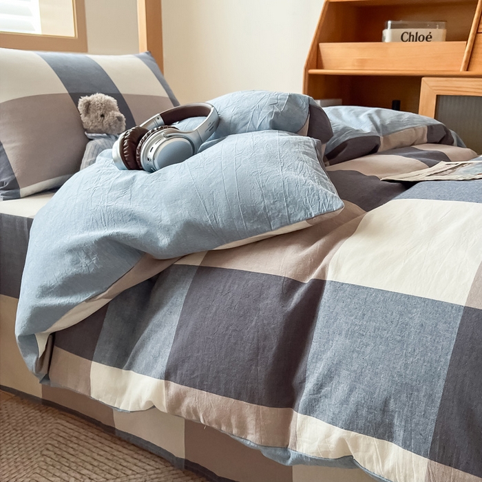 91家纺网 家纺一手货源 找家纺 鸣升家纺 2025新款全棉纯棉色织水洗棉学生三件套 米粽丈青格