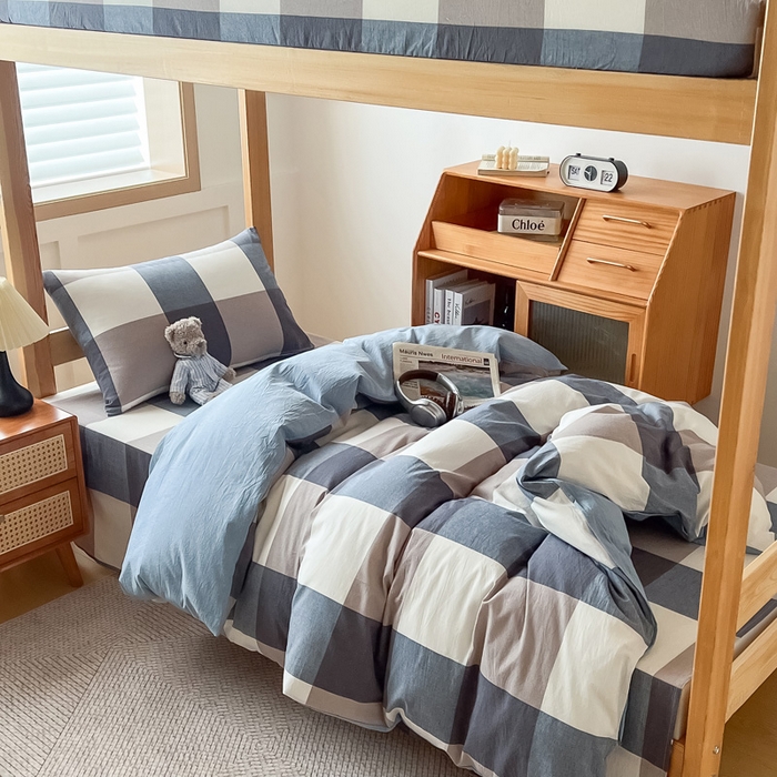 91家纺网 家纺一手货源 找家纺 鸣升家纺 2025新款全棉纯棉色织水洗棉学生三件套 米粽丈青格