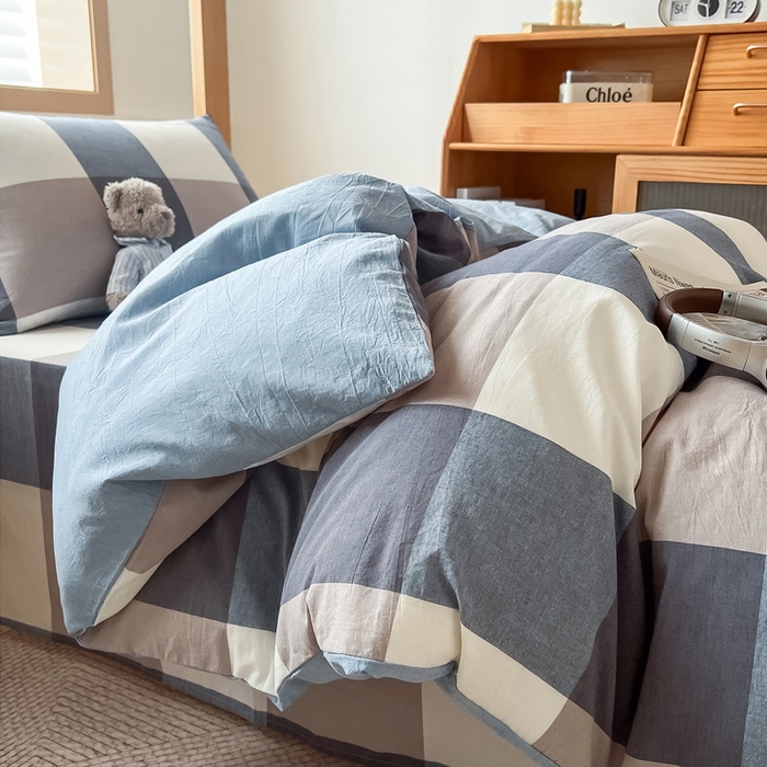 91家纺网 家纺一手货源 找家纺 鸣升家纺 2025新款全棉纯棉色织水洗棉学生三件套 米粽丈青格